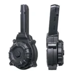 ProMag Handgun Drum Magazine for Glock 17/19, black polymer drum in front and side views