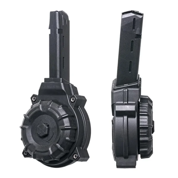 ProMag Handgun Drum Magazine for Glock 17/19, black polymer drum in front and side views