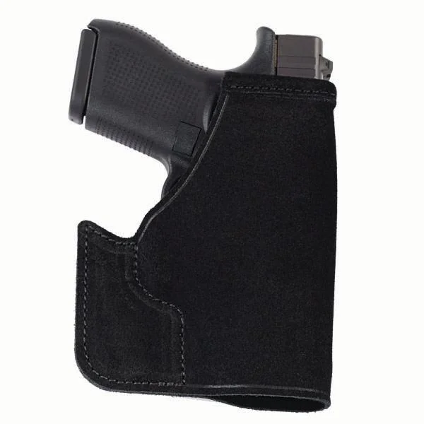 Galco Pocket Protector Holster for Glock 43, black holster holding a handgun, left side view