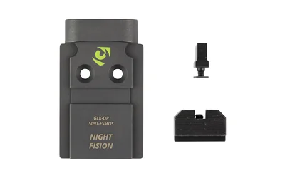 Night Fision 509T plate and sights, top view of black mounting plate, front sight and rear sight