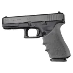 Hogue HandAll Beavertail grip sleeve for Glock 17, slate grey, fitted on a black pistol