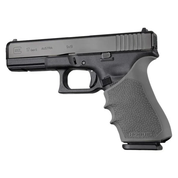 Hogue HandAll Beavertail grip sleeve for Glock 17, slate grey, fitted on a black pistol