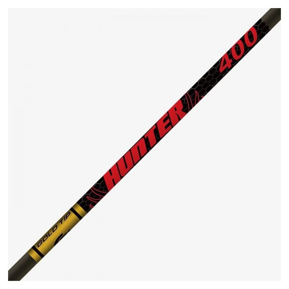 gold-tip-hunter-340-arrows-2in-raptor-vanes-primary Gold Tip Hunter 340 arrow, close-up of black shaft with red and yellow markings