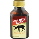 Wildlife Research Golden Buck Urine, front view of brown bottle with gold cap and buck label