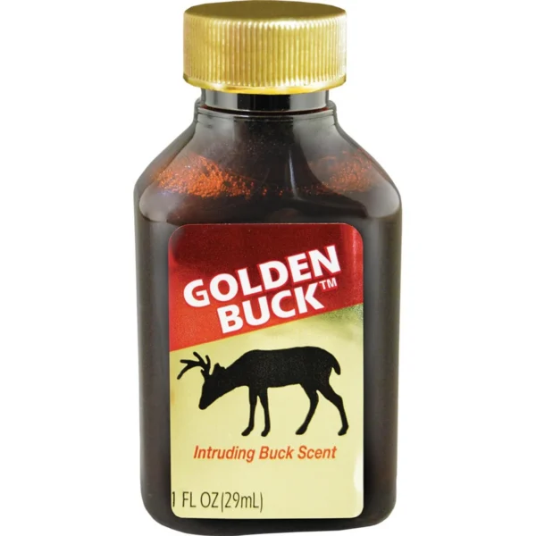 Wildlife Research Golden Buck Urine, front view of brown bottle with gold cap and buck label