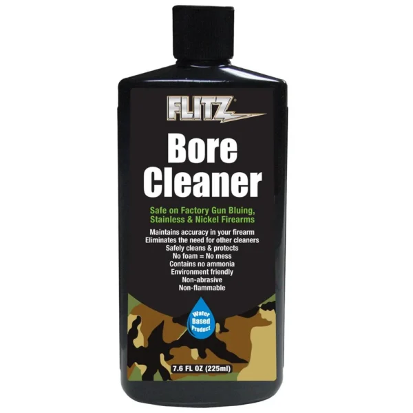 Flitz Gun Bore Cleaner, front view of black bottle with black cap and printed label