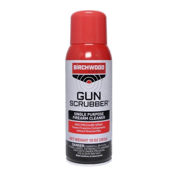 Birchwood Casey Gun Scrubber firearm cleaner, red and gray aerosol can in front view