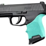Hogue HandAll Beavertail Grip Sleeve, aqua sleeve fitted to a black pistol in left-side view