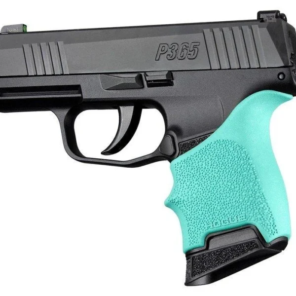 Hogue HandAll Beavertail Grip Sleeve, aqua sleeve fitted to a black pistol in left-side view
