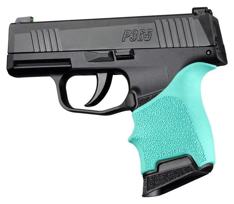 handall-beavertail-grip-sleeve-p365-aqua-primary Hogue HandAll Beavertail Grip Sleeve, aqua sleeve fitted to a black pistol in left-side view