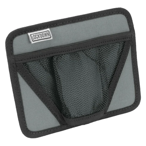 AOB Lockdown Handgun Hanger, front view of gray and black mesh hanging pocket
