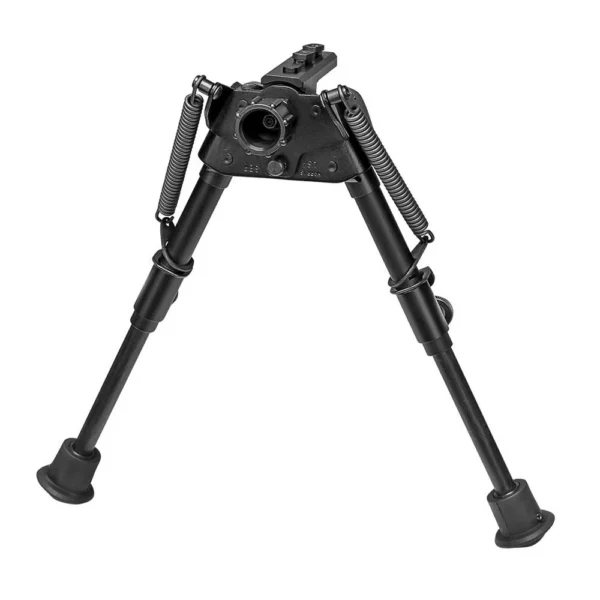 Harris Bipods S-BR Bipod M-LOK, black front view with extended legs, springs and rubber feet