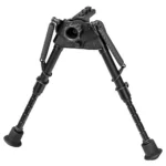 Harris Bipod, front view in black with notched extended legs, springs and M-LOK mount