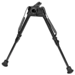 Harris S-L Bipod M-LOK, front view in black with two extended splayed legs and rubber feet
