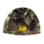 Gsm Muddy Heavyweight Beanie, front view in grey-green camouflage with yellow Muddy logo
