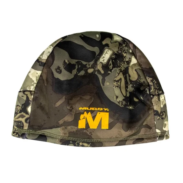 Gsm Muddy Heavyweight Beanie, front view in grey-green camouflage with yellow Muddy logo
