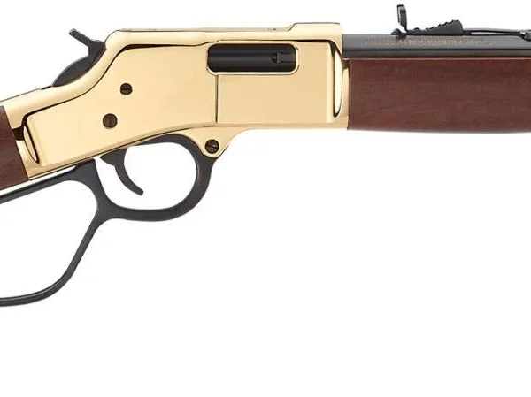 Henry Big Boy Carbine side view with walnut stock, brass receiver, large loop and black barrel
