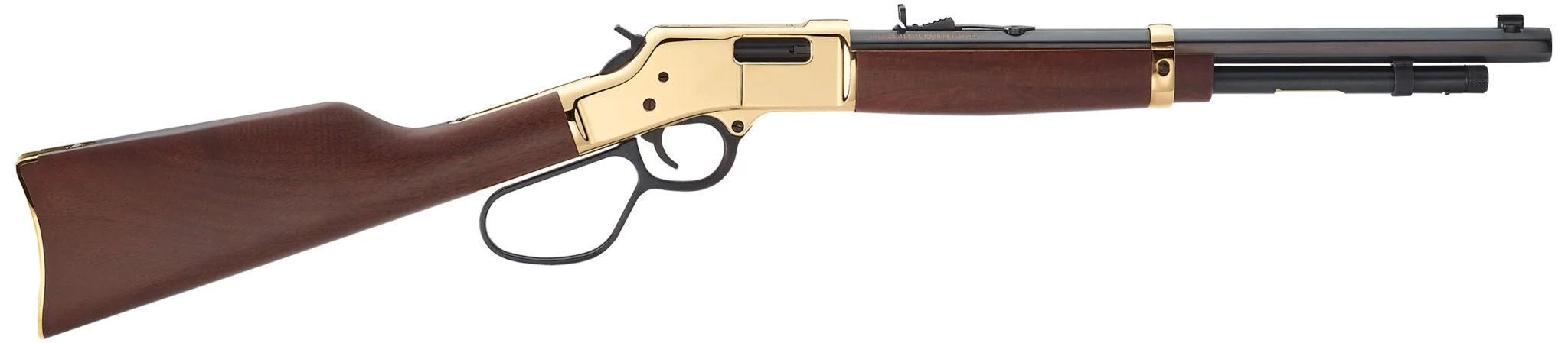henry-big-boy-carbine-327-federal-magnum-rifle-primary-1 Henry Big Boy Carbine side view with walnut stock, brass receiver, large loop and black barrel