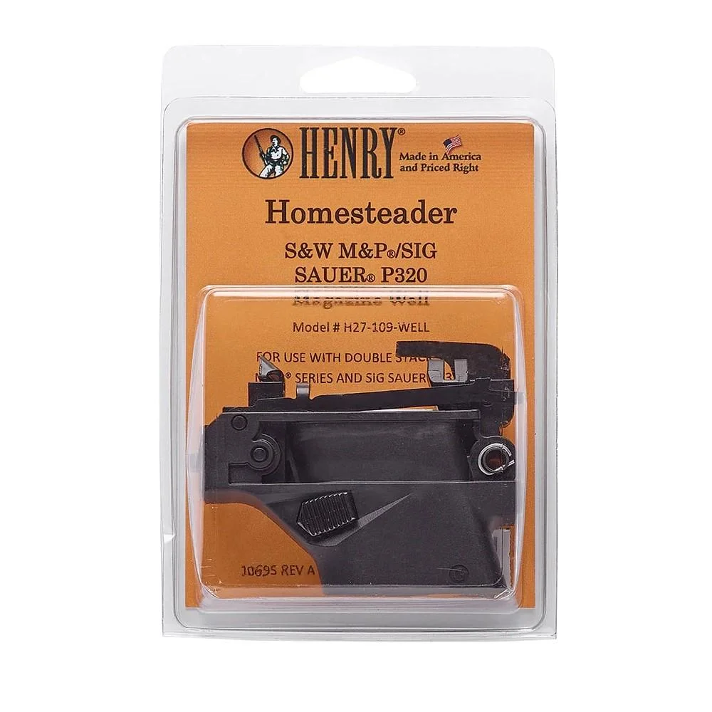henry-h027-magazine-well-adaptor-swh-320-9mm-primary Henry H027 Magazine Well Adaptor black adaptor in orange and clear retail packaging, front view