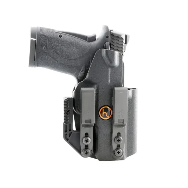 Henry Holsters Cipher AIWB/IWB Holster, black front view with dual belt clips and handgun inserted