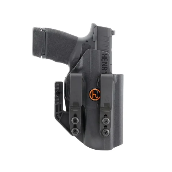 Henry Holsters Cipher black holster, front view with handgun inserted and dual belt clips