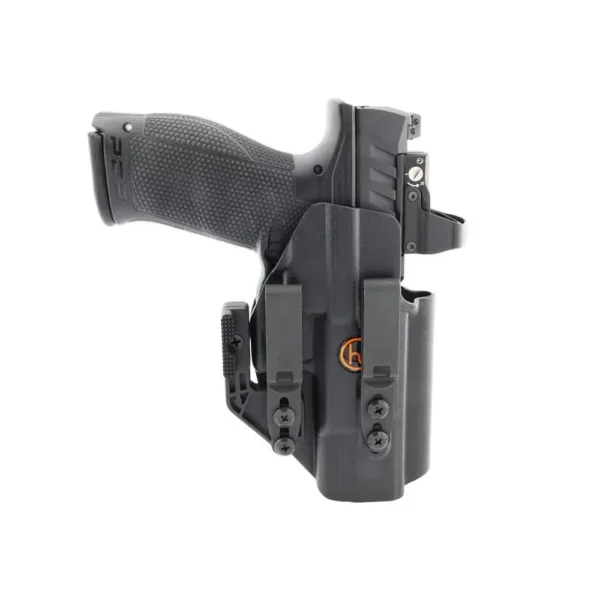 Henry Holsters Cipher AIWB/IWB Holster, black front view with handgun inserted and belt clips