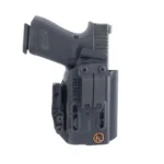 Henry Holsters Ember for Glock 17/19/23 black holster, front view with handgun and belt clip