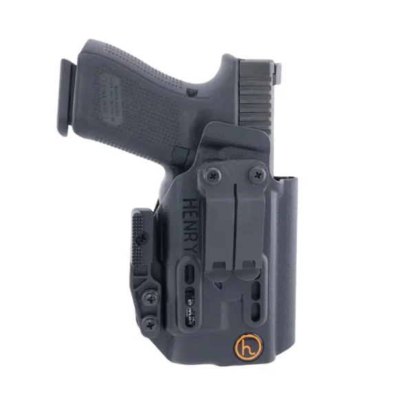 Henry Holsters Ember for Glock 17/19/23 black holster, front view with handgun and belt clip