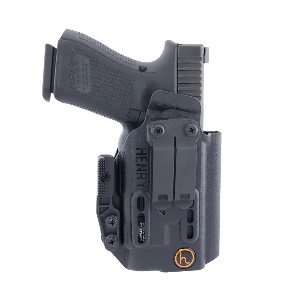 henry-holsters-ember-aiwb-holster-primary-3 Henry Holsters Ember for Glock 17/19/23 black holster, front view with handgun and belt clip