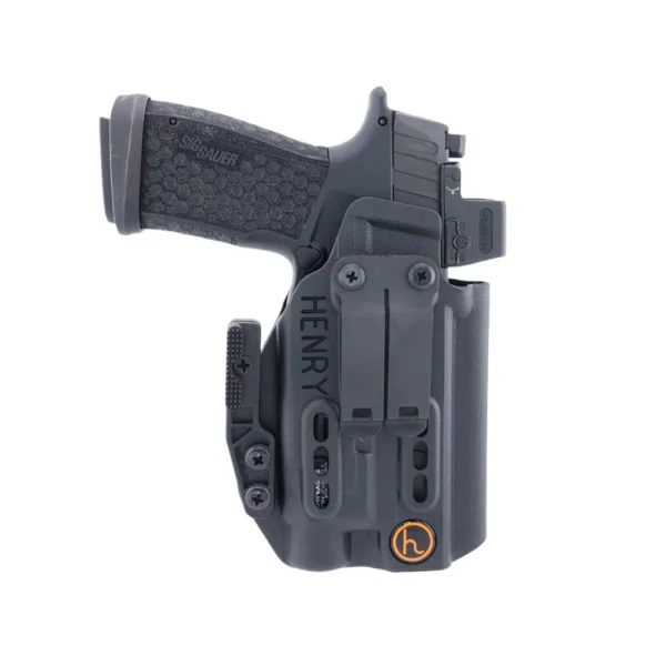 Henry Holsters Ember black front view with handgun, belt clip and concealment claw