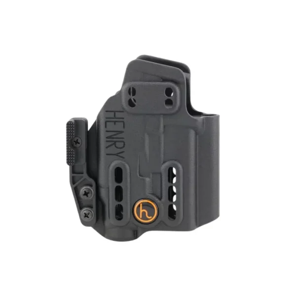 Henry Holsters Ember black front view with belt clip, concealment claw and mounting slots