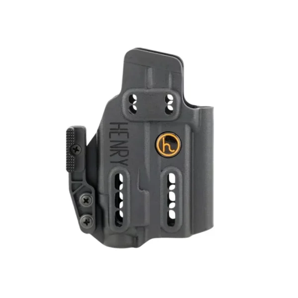 Henry Holsters Ember black front view with belt clip, concealment claw and mounting slots