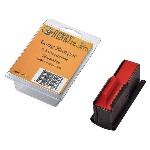 Henry Long Ranger Rifle Magazine, black magazine with red follower beside clear retail packaging