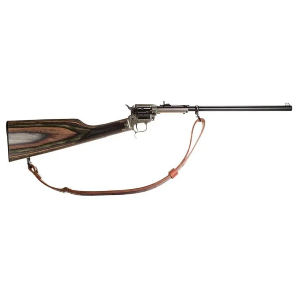 Heritage Rough Rider Rancher, right-side view with laminated stock, long barrel and brown sling