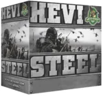 Environ Metal Inc HEVI-Shot HEVI-Steel Shotshells, front and right-side view of grey retail box