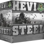 Environ Metal Inc HEVI-Shot HEVI-Steel Shotshells, front and right-side view of grey retail box