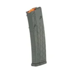HEXMAG SERIES 2 gray curved magazine, angled side view with hexagonal texture and orange follower