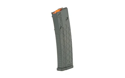 hexmag-5-56-magazine-primary HEXMAG SERIES 2 gray curved magazine, angled side view with hexagonal texture and orange follower