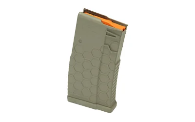 hexmag-762-10rd-fde-primary HEXMAG 10RD flat dark earth magazine, angled front view with hex pattern and orange follower