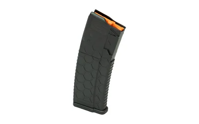 hexmag-series-2-556-10rd-magazine-primary HEXMAG SERIES 2 black curved magazine, angled side view with hexagonal texture and orange follower