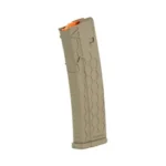 HEXMAG SERIES 2 flat dark earth curved magazine, angled side view with orange follower