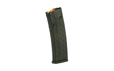 HEXMAG SERIES 2 5.56 15RD BLK black curved magazine, angled side view with orange follower