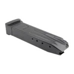 Heckler & Koch P30/VP9 magazine, angled side view with black metal body and witness holes