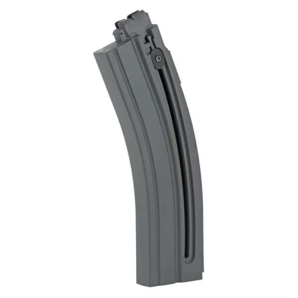 Heckler & Koch HK416 magazine, black, angled side view with curved body and feed lips