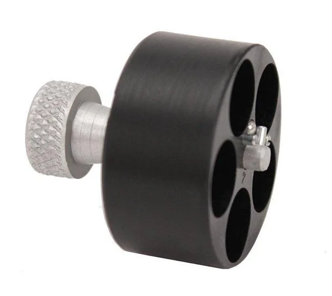 hks-a-series-revolver-speedloader-338-357-swap-primary HKS A-Series Revolver Speedloader, black angled view with five chambers and silver twist knob