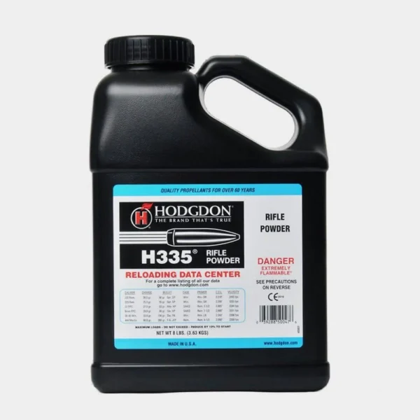 Hodgdon H335 Spherical Rifle Powder, black handled container with front label