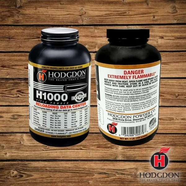 Hodgdon Extreme H1000 Rifle Powder, black bottle shown from front and back on wood