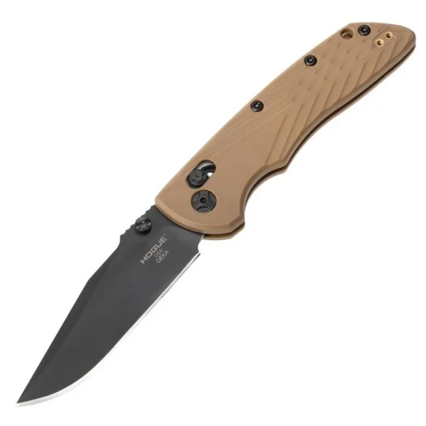 Hogue Deka Manual Folder Knife, open angled view with tan handle and black clip point blade