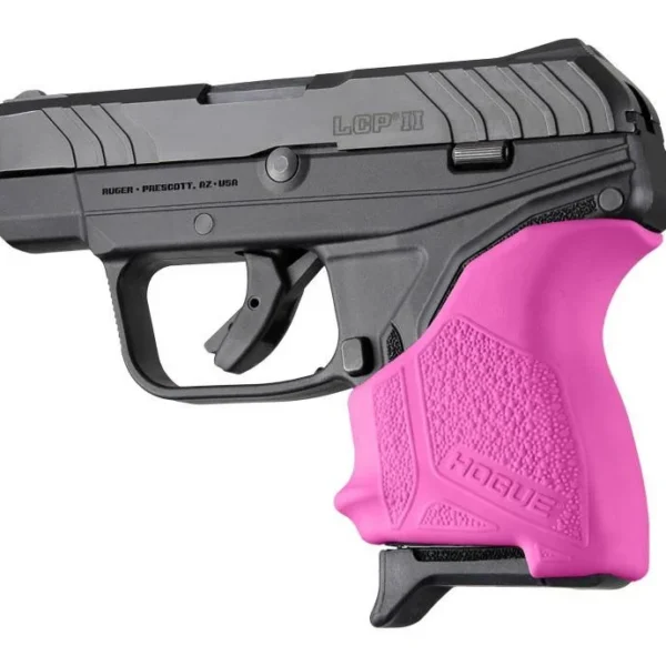 Hogue HandAll Beavertail Grip Sleeve Ruger LCP II, pink sleeve fitted to black handgun