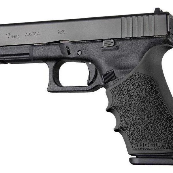 Hogue HandAll Beavertail Grip Sleeve Glock 17 Gen 1-2-5 Black, fitted on pistol grip, left view